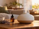Difusor de aromas com blend de óleos essenciais para relaxar, ao lado de ramo de lavanda sobre mesa de madeira