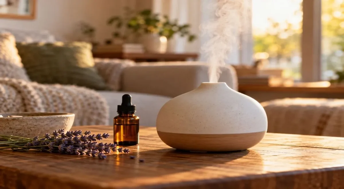 Difusor de aromas com blend de óleos essenciais para relaxar, ao lado de ramo de lavanda sobre mesa de madeira